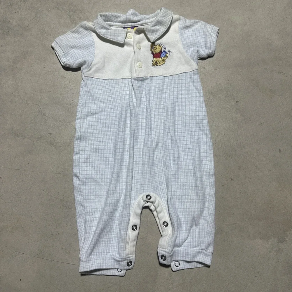 Vintage Y2K Winnie the Pooh Baby One-Piece Romper 3-6 Months Cotton Blue Hong